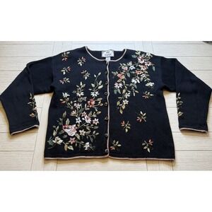 Tiara International VTG Cardigan Knit Sweater Sz M Embroidered Beaded Floral 90s